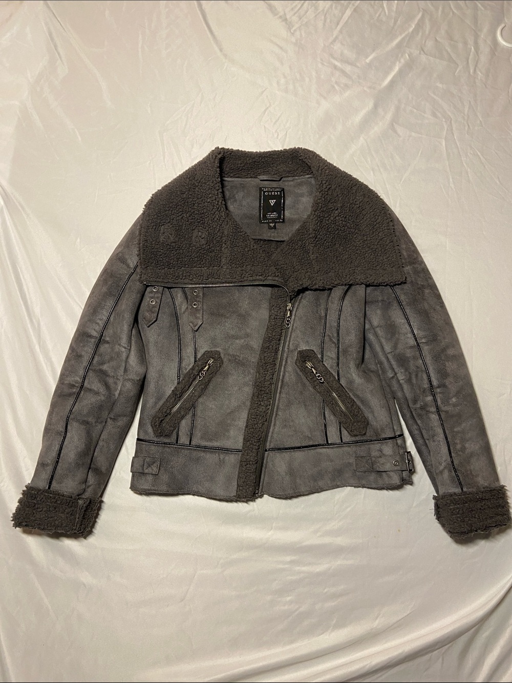 Y2K Guess Charcoal Faux Suede Shearling Moto Jacket